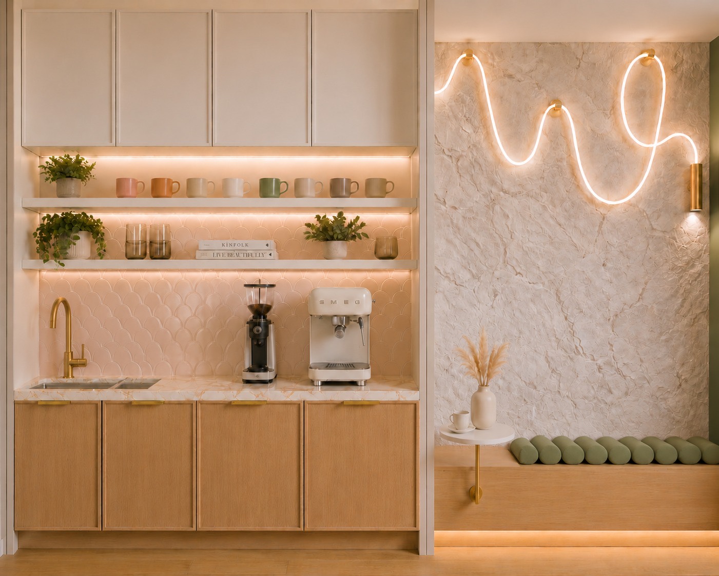 The Wylo coffee bar — SMEG machine, pastel mugs and blush tiles