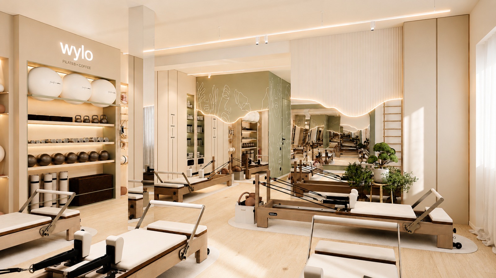 Wylo reformer studio with cream walls and warm natural light